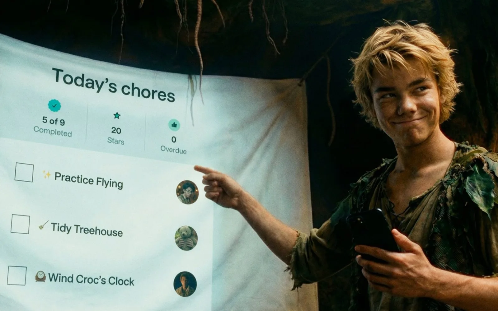 Peter Pan reviewing a chores list in the Greenlight app — Practice Flying, Tidy Treehouse, Wind Croc's Clock