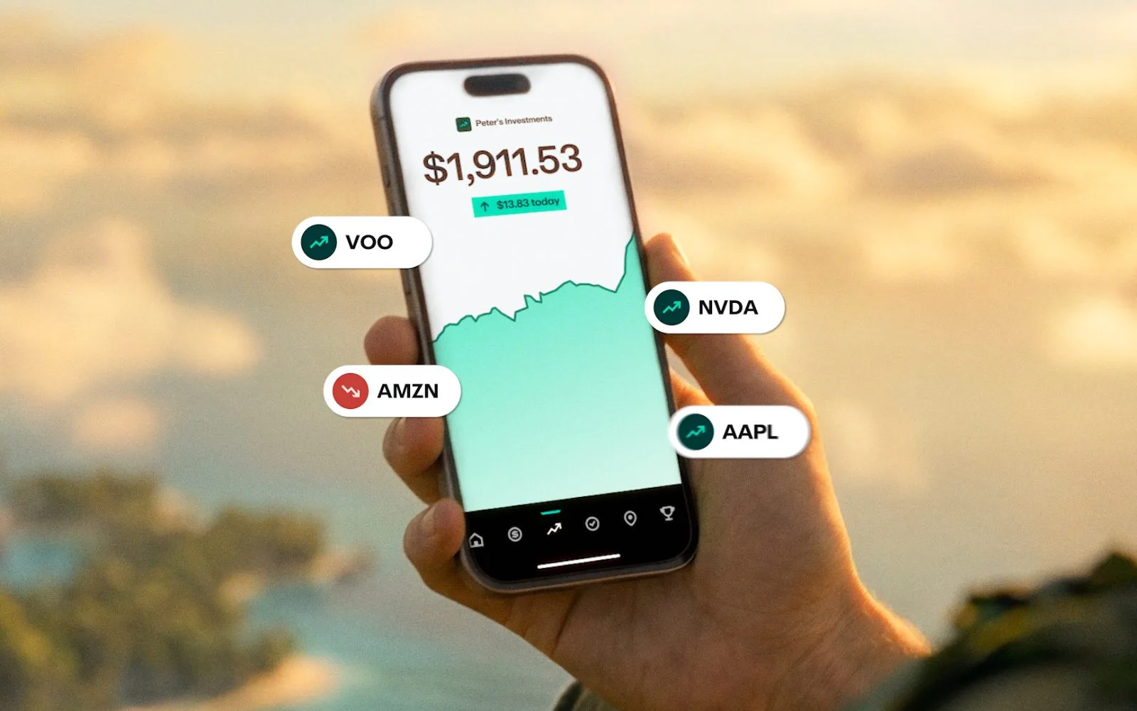Greenlight investing screen showing Peter Pan's portfolio: $1,911.53 across VOO, NVDA, AMZN, and AAPL fractional shares