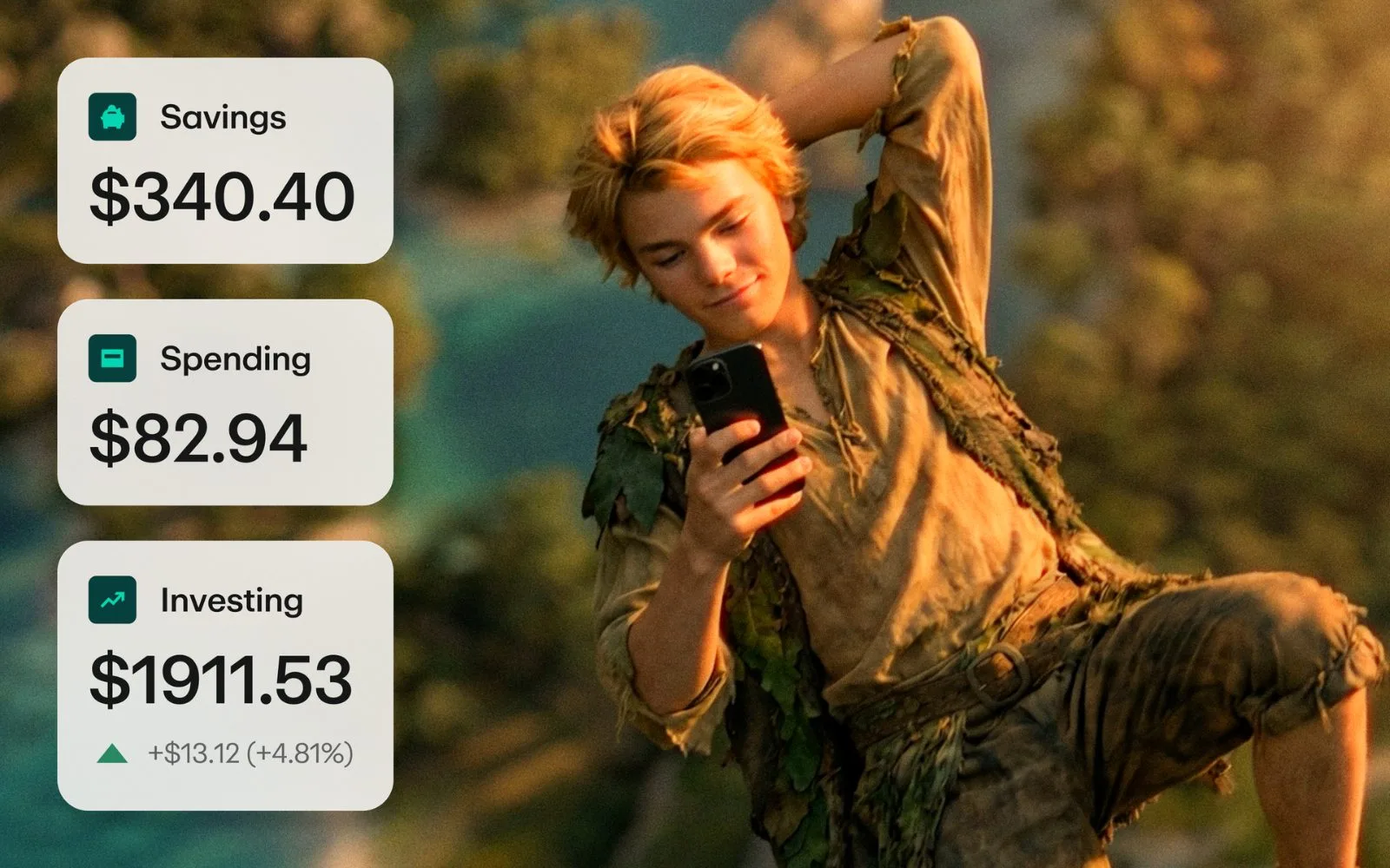 Peter Pan on a cliff in Neverland reviewing his weekly spending in the Greenlight app