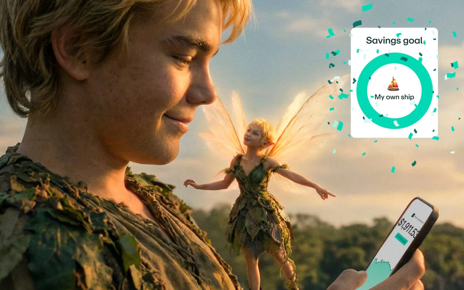 Peter Pan and Tinker Bell celebrating a completed Greenlight savings goal — buying their own pirate ship