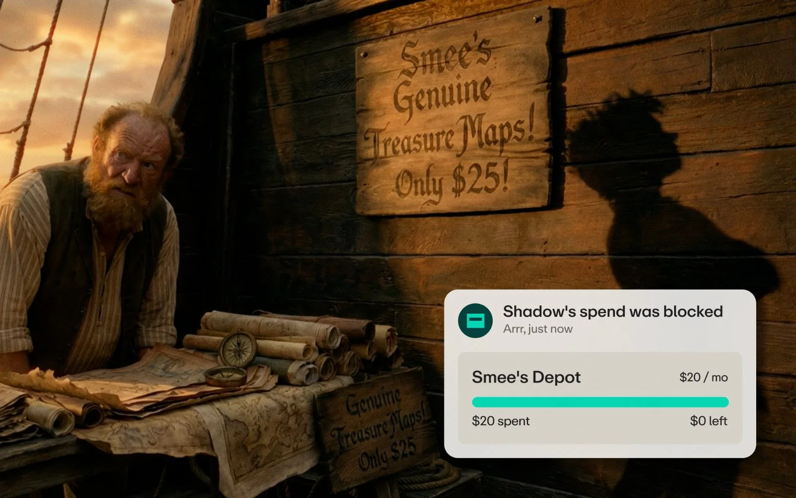 Smee selling Genuine Treasure Maps for $25 — a Greenlight spend-control example